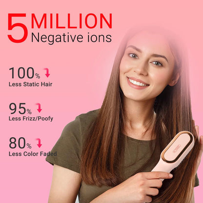 Hair Straightener Brush, Cordless Hair Straightener Brush Portable Hot Comb Straightener, USB Rechargeable & 3 Temp Settings & Anti-Scald, Pink